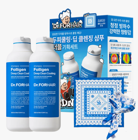Dr.FORHAIR Foligen Deep Clean Cooling Shampoo 300ml [Double Set] (+ Partner Bandana Gift)