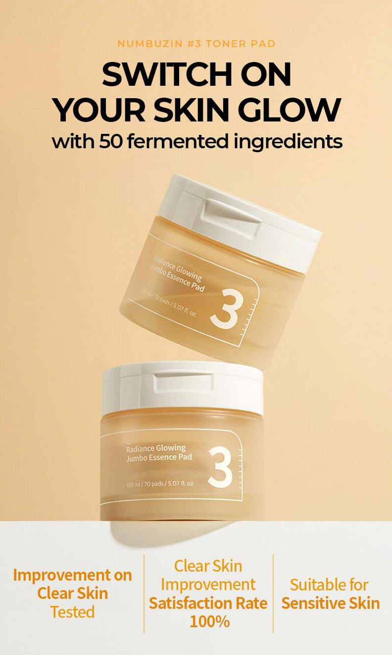numbuzin No. 3 Radiance Glowing Jumbo Essence Pad 70 Pads (+10 Pads)